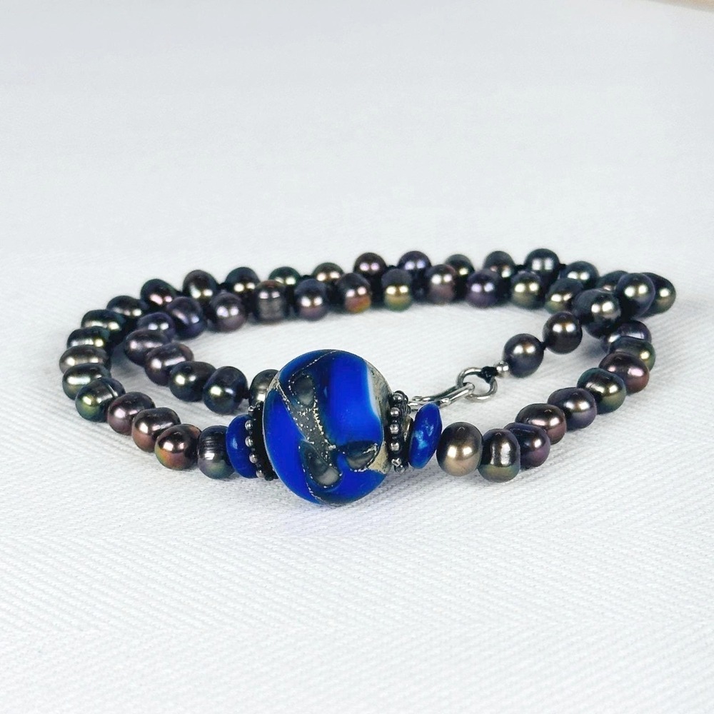 OOAK Peacock Pearl Cobalt Blue‎ Art Glass Bead Statement Necklace S-Hook Clasp